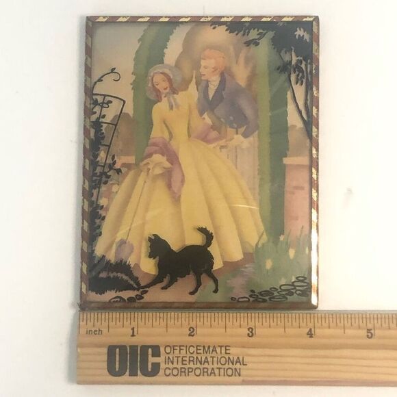 vintage reverse glass silhouette painting convex  bubble frame 4x5 playful dog - Picture 3 of 7